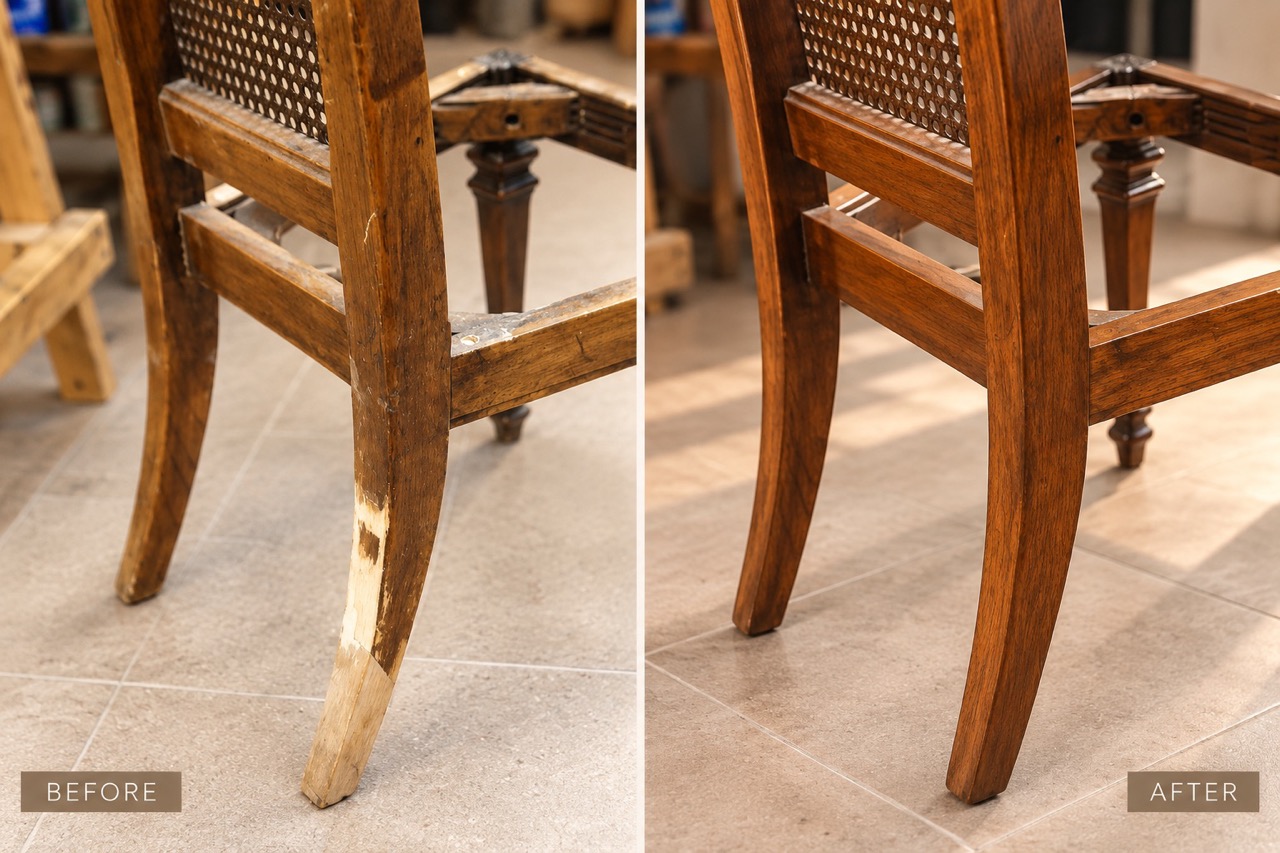 Before and after wood restoration of a vintage cane-back chair with refinished wooden frame