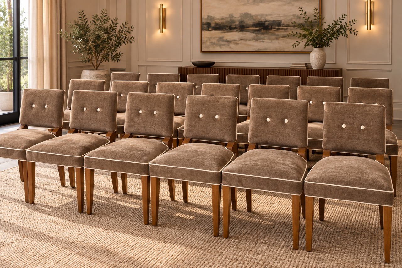 Custom upholstered dining chairs in taupe fabric with white piping, button details, and wooden legs