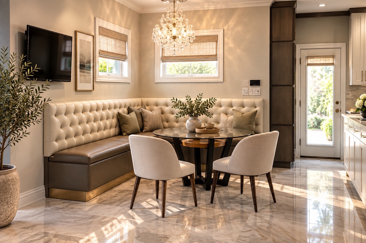 Custom cream tufted L-shaped banquette upholstery in a residential dining nook
