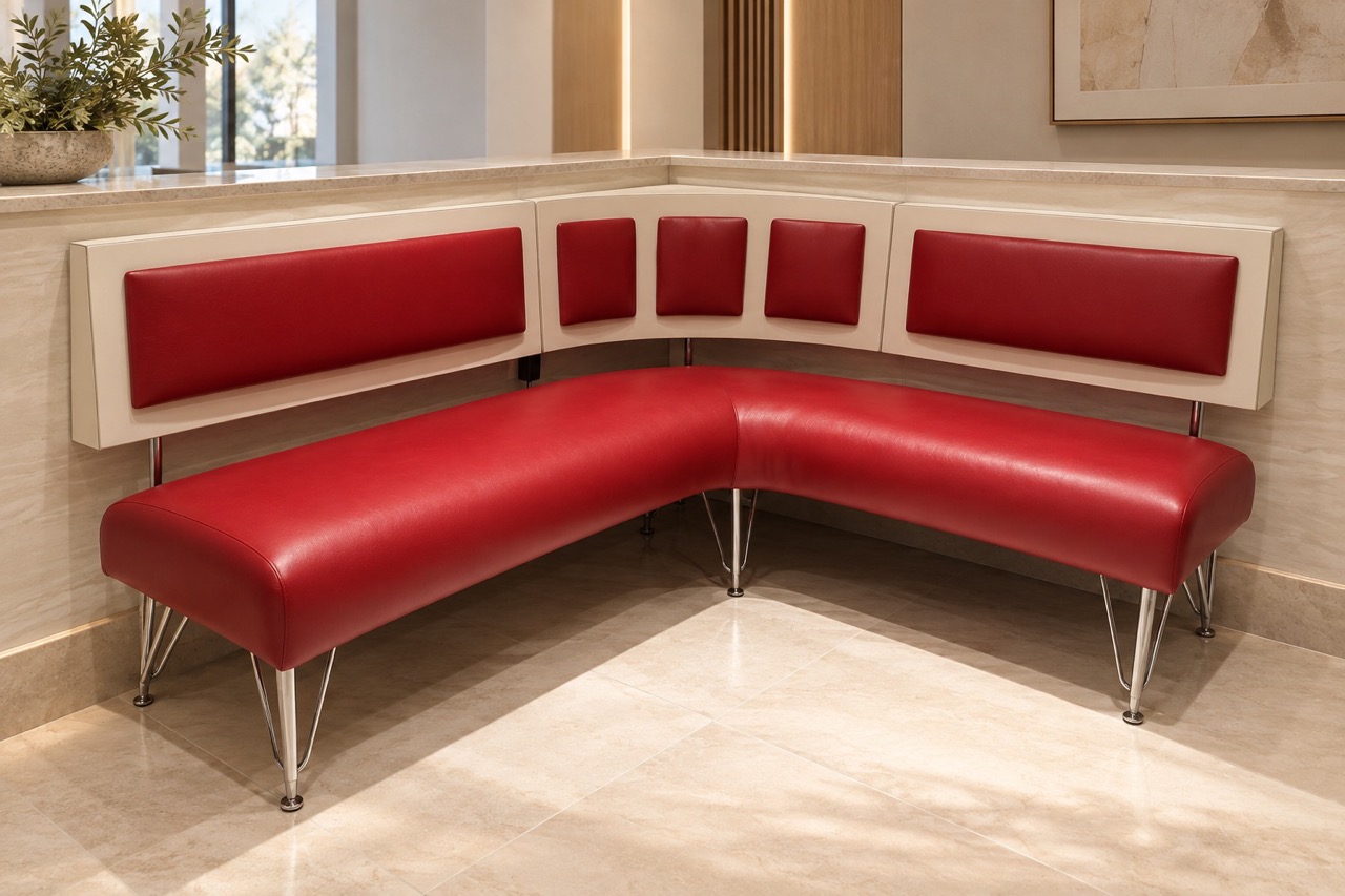 Custom red leather L-shaped banquette with upholstered backrest in a modern commercial interior