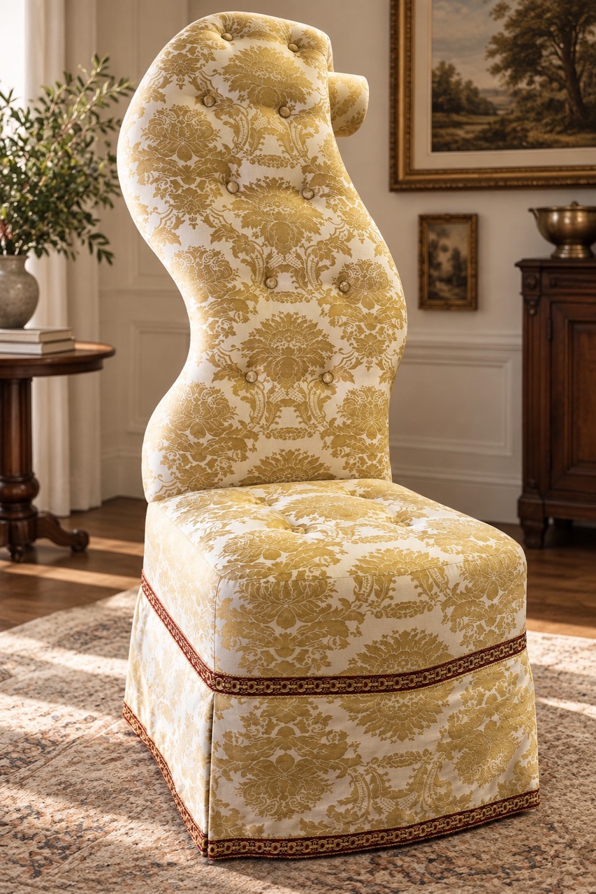 Custom upholstered high-back chair in cream and gold floral damask fabric with tufted buttons and decorative trim