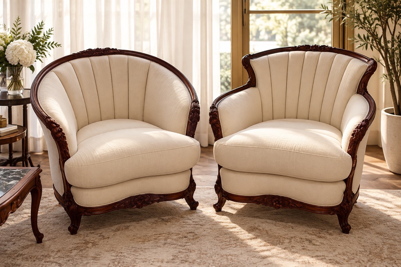 Pair of vintage carved wood armchairs with custom ivory upholstered channel-tufted seats and backs